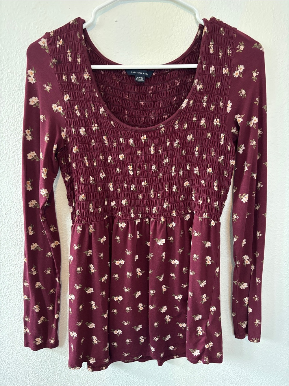 American Eagle Outfitters Wine Floral Smocked Long Sleeve Top -630sku